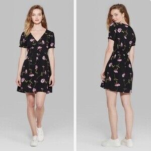 Black and pink floral aline button dress size XS